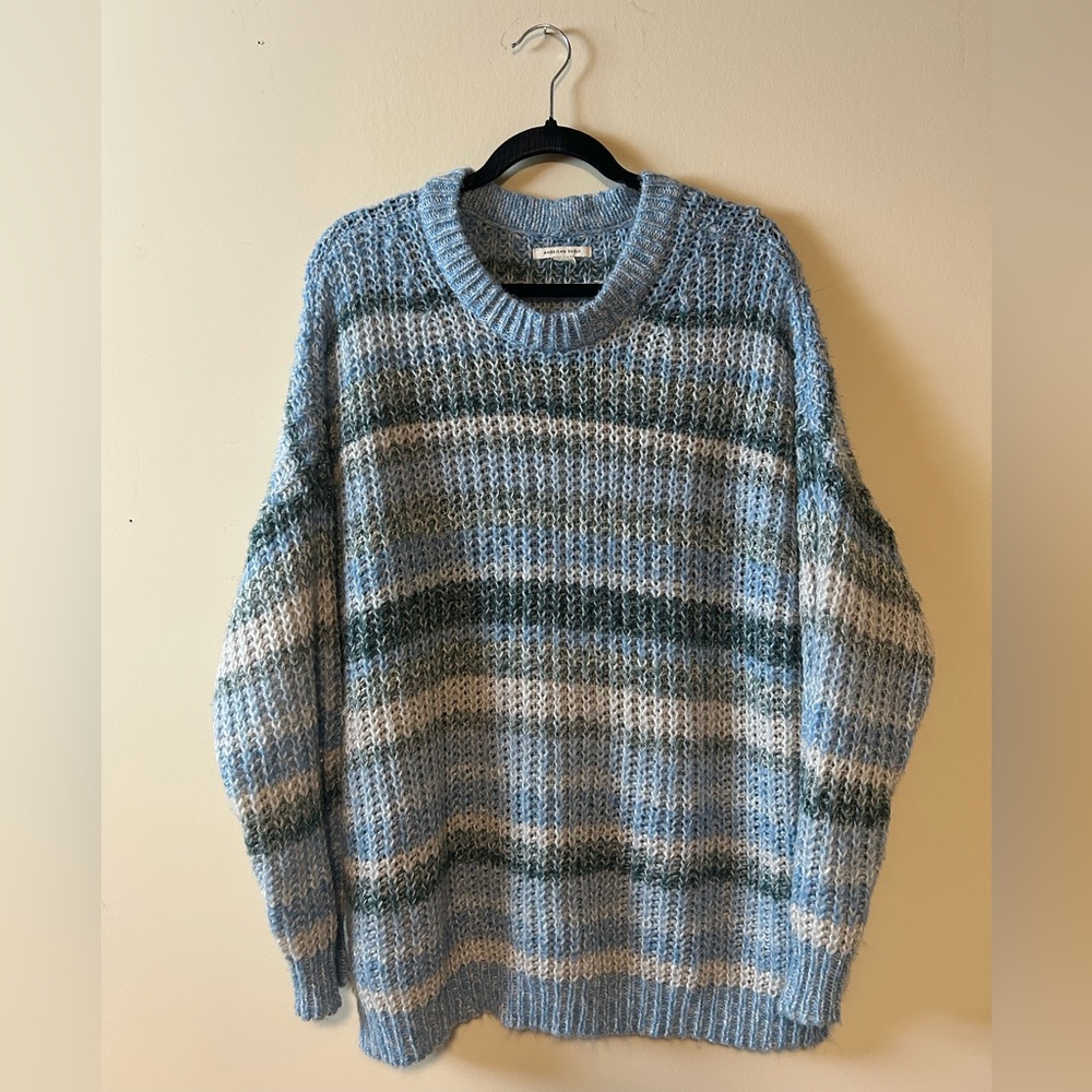 American Eagle Outfitters Blue and Green Striped Crewneck Sweater